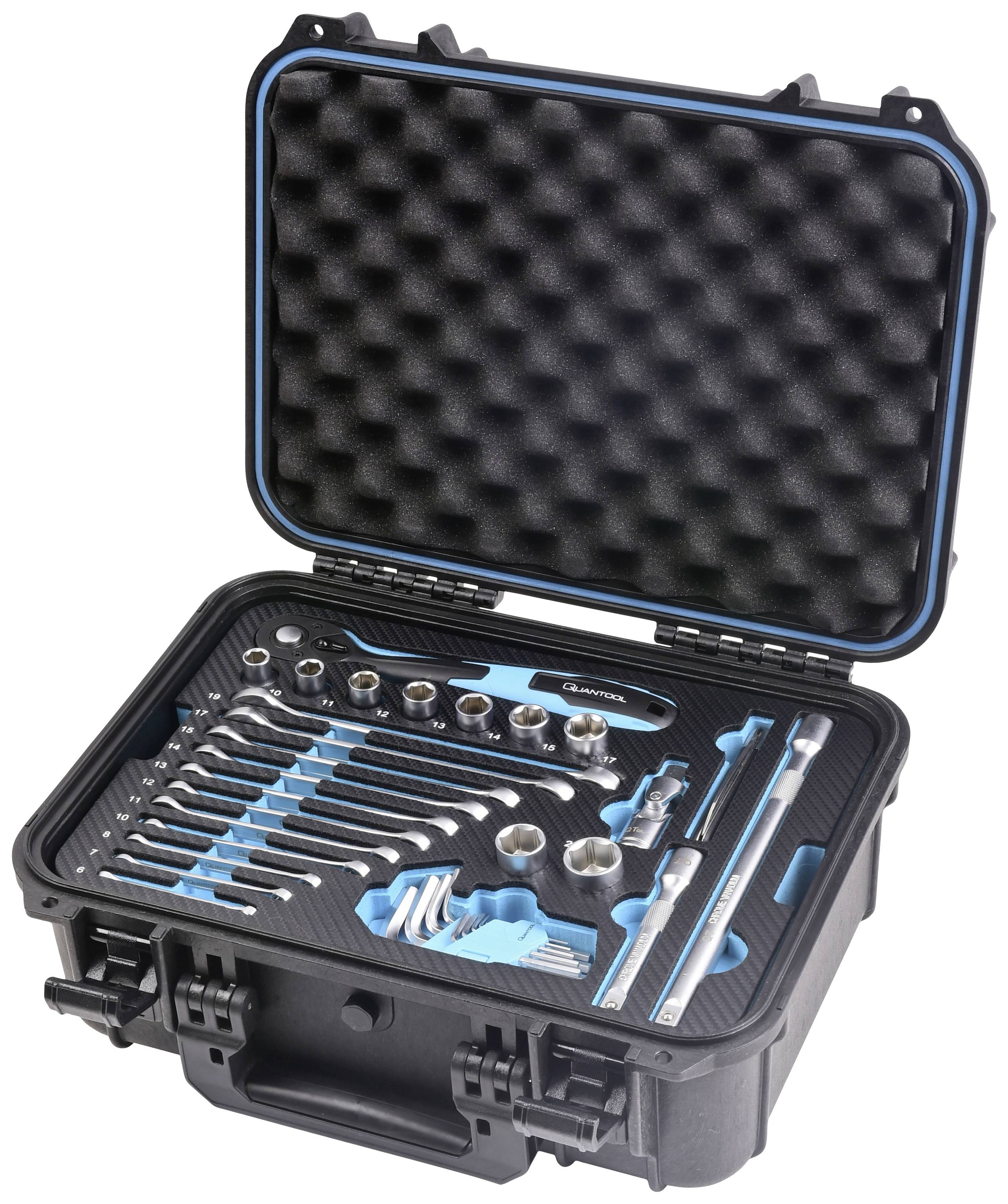 A black tool case with an open lid displays precisely arranged spanners, socket wrenches, and other tools.