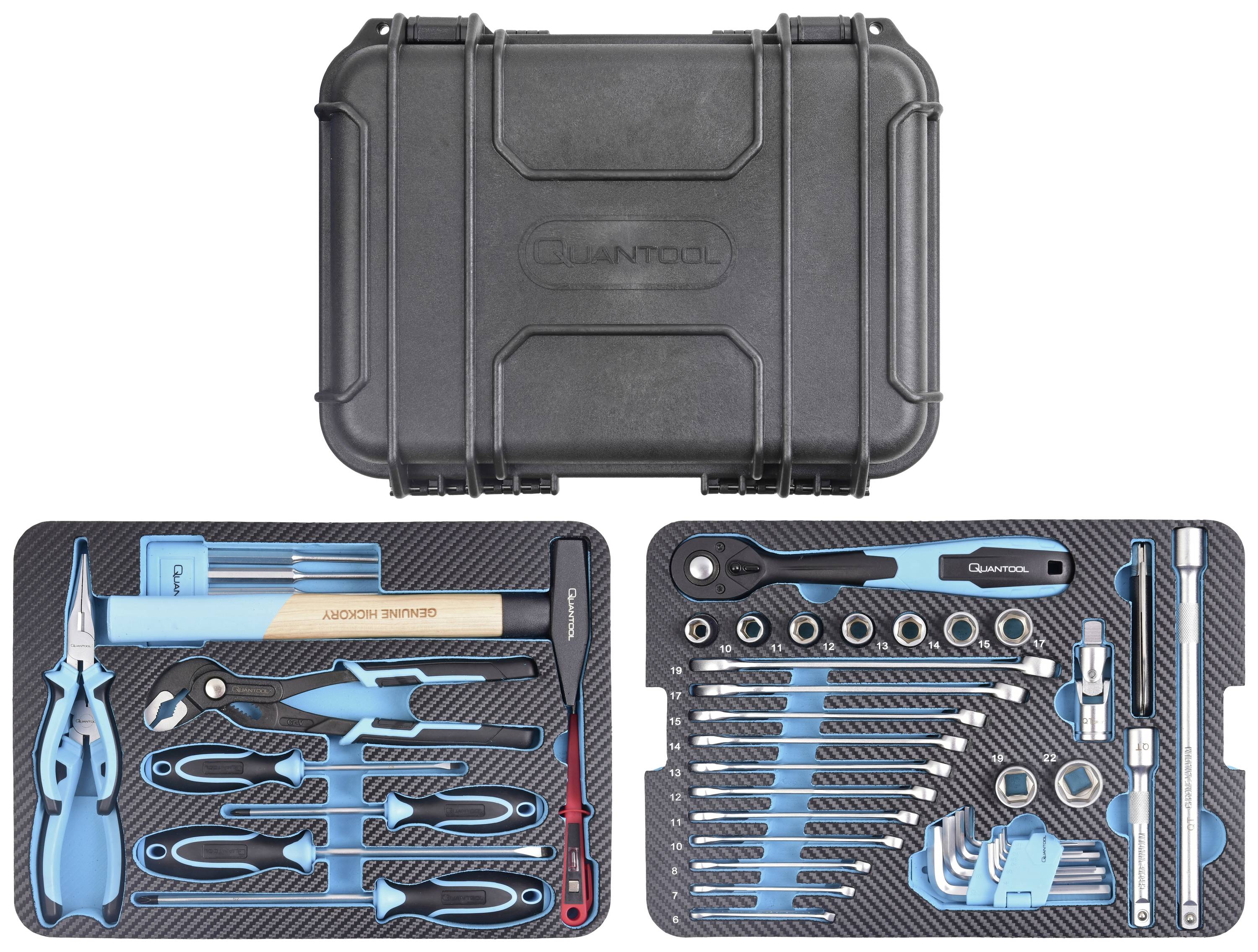 A tool case with blue hand tools, including spanners, screwdrivers and a hammer, neatly arranged.