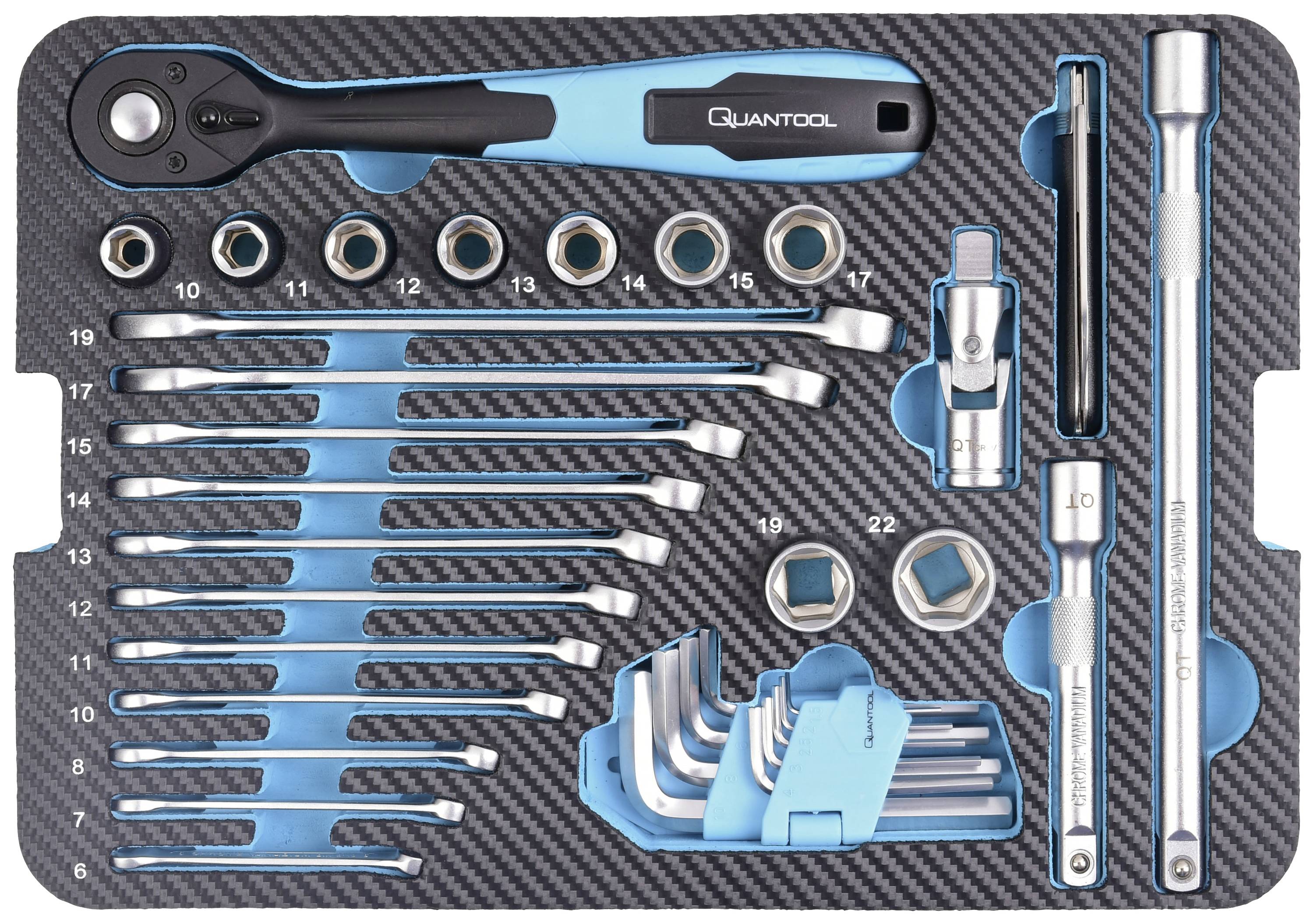 A tool set with spanners, ratchet, socket set and Allen keys in an organised tool holder.