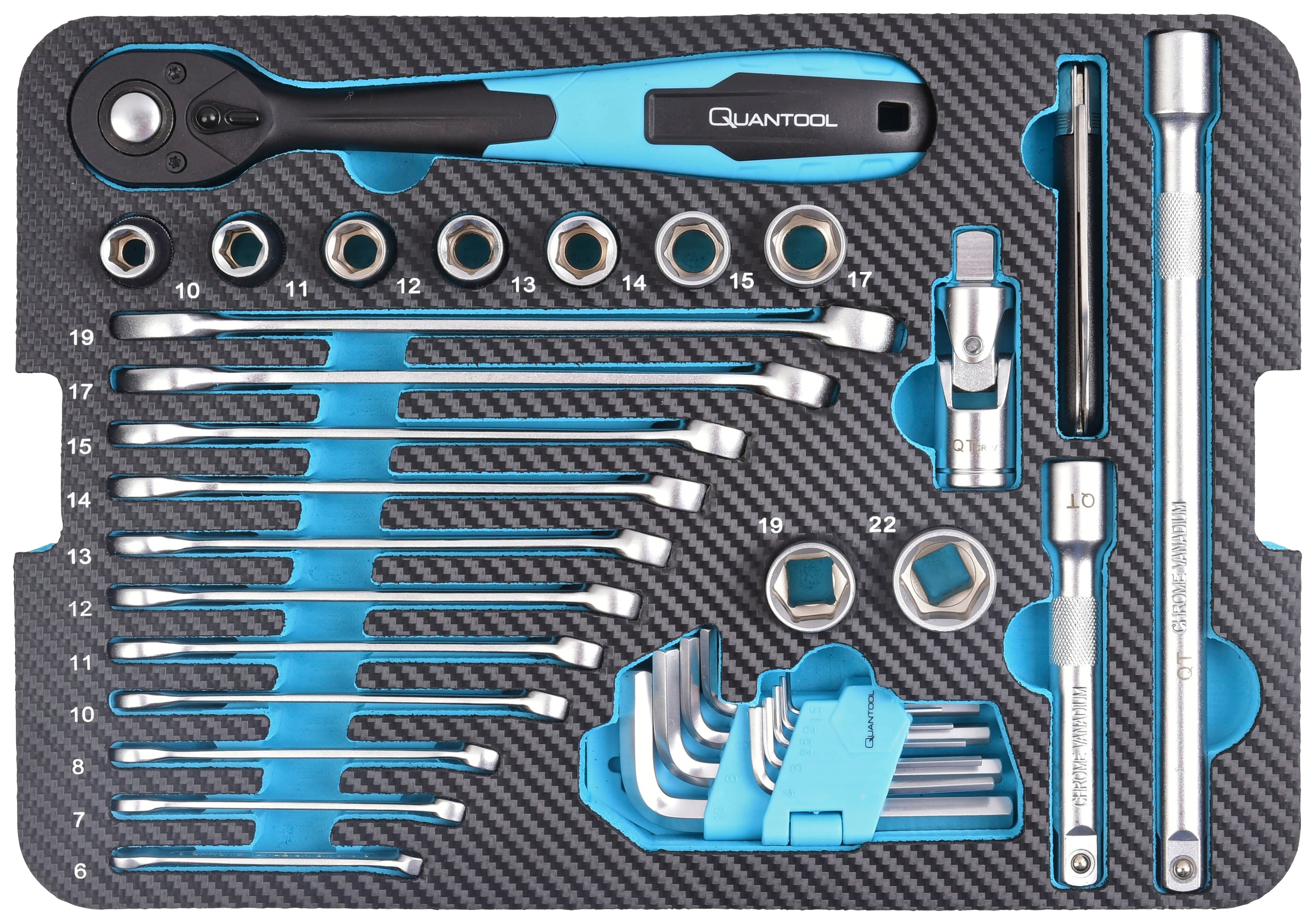A tool set with spanners, ratchet, socket set and Allen keys in an organised tool holder.