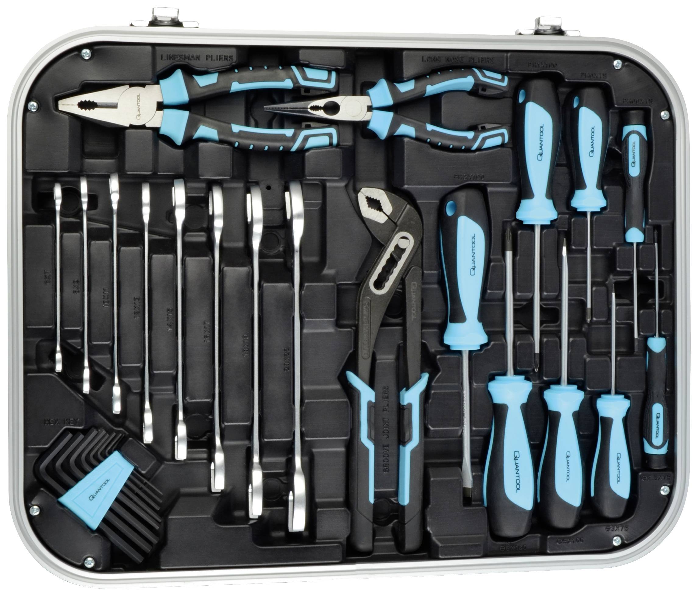 'Toolbox with various hand tools: screwdrivers, pliers, spanners and Allen keys, neatly arranged.'