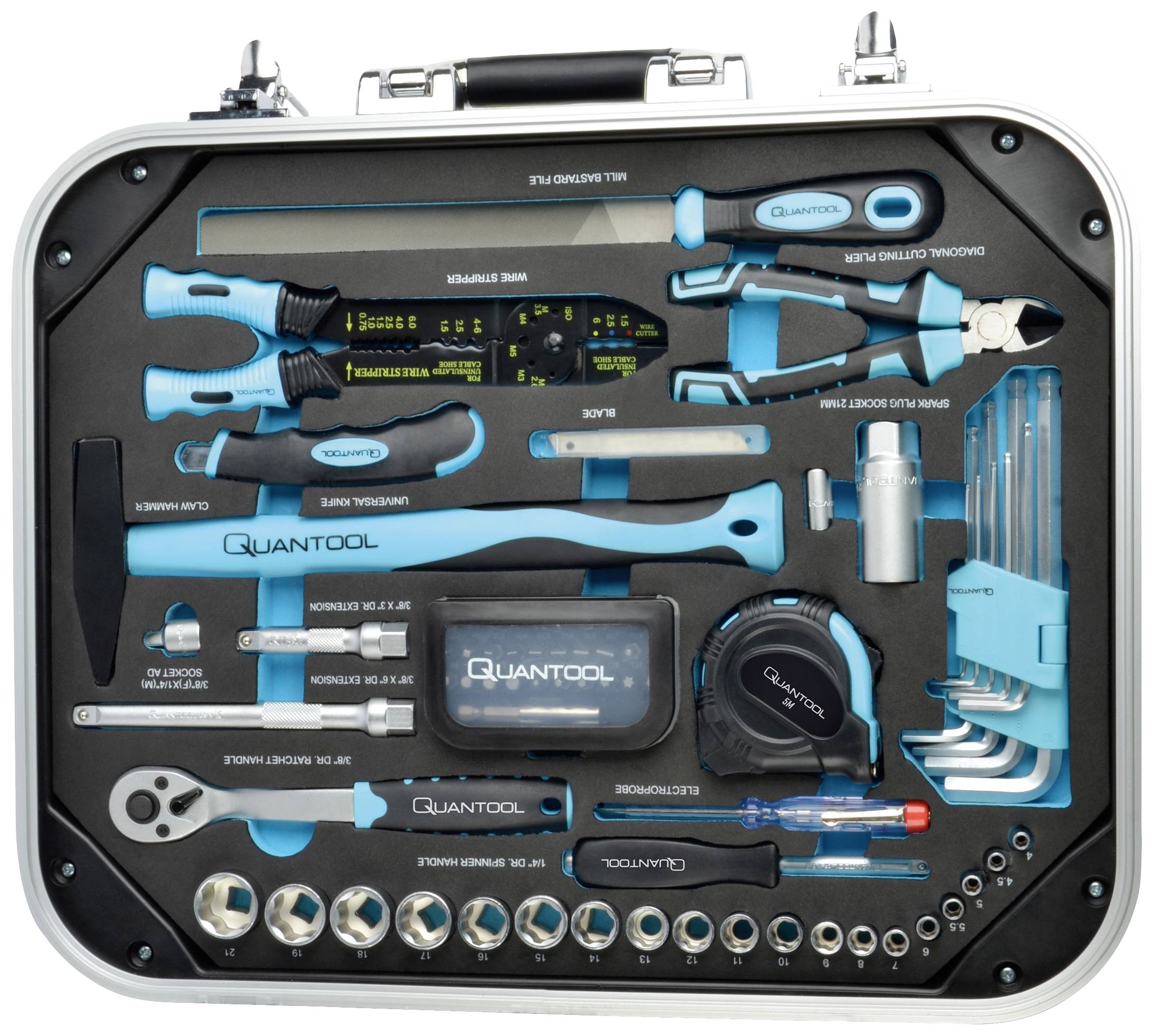 A toolbox with various blue-black hand tools, including pliers, screwdrivers, bits, socket wrenches, and hex keys.