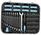 A toolbox containing various spanners, bits and a screwdriver, organised in a rectangular case.