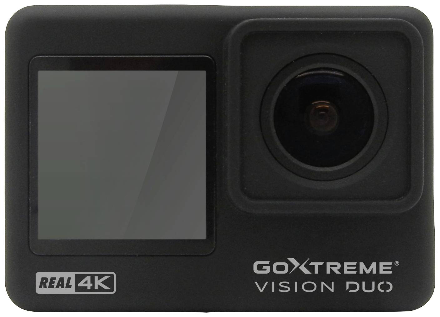 'GoXtreme Vision Duo Camera' with lens and screen in a black housing. Contains 'Real 4K' logo.