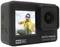 A black action camera with a screen shows a smiling man in a yellow hoodie taking a selfie. Caption: 'REAL 4K, GoXtreme Vision Duo'.