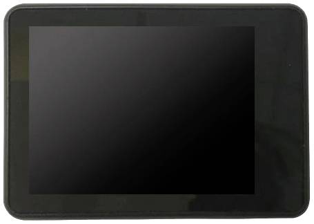 A black tablet computer with a switched-off screen, photographed from above.