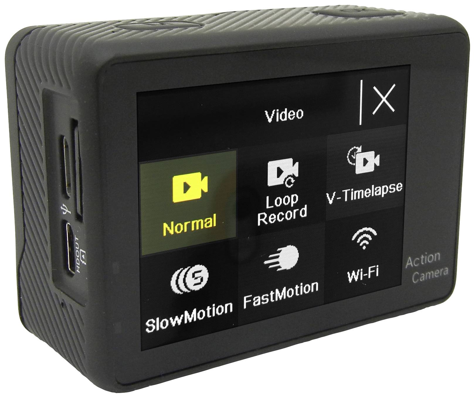 Camera display shows options: 'Normal', 'Loop Recording', 'V-Timelapse', 'Slow Motion', 'Fast Motion', 'Wi-Fi'. On the left: memory card slot and USB port.