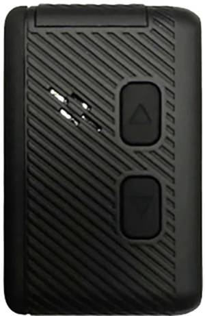 Black, rectangular device with diagonal grooves and two buttons; likely used for control or operation.