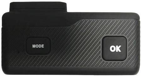 Black and grey casing of a small camera with two buttons: 'MODE' on the left and 'OK' on the right.