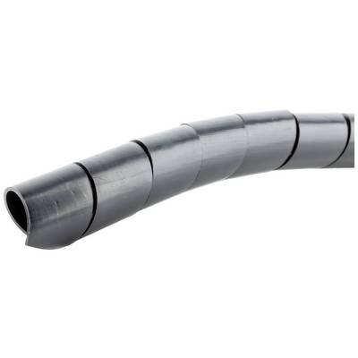 A flexible, grey cable spiral for bundling cables, slightly arched in its presentation.