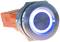 Push button switch with blue ring light and metallic surface. The switch has an orange connection and is suitable for industrial applications.