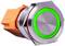 A round metal switch with a green illuminated ring and an orange plastic connector.