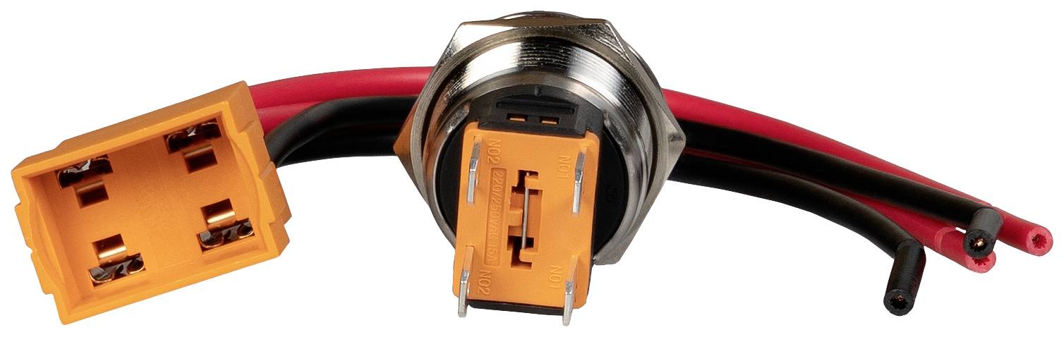 Orange electrical connector with red and black cable, suitable for high-current applications.