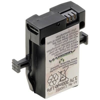 A rectangular, black Li-Po battery with connection terminals and recycling symbols on the label.