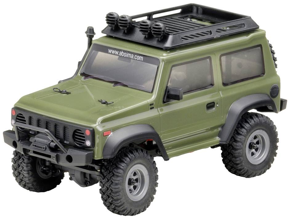 Green toy off-road vehicle model with rugged tyres and roof rack on white background.