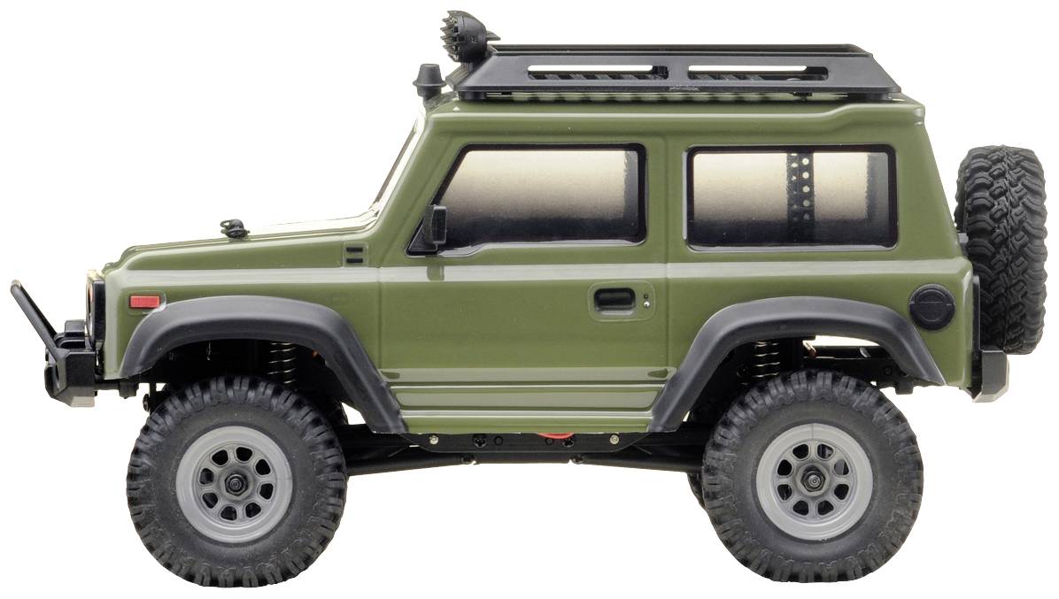 An olive green off-road toy model with a spare wheel at the back, robust tyres, and a roof rack, shown from the side.