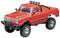 Red toy off-road vehicle model with large tyres and four headlamps on the roof, pictured against a white background.