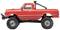Red toy off-road vehicle with large tyres and bumpers, side view.