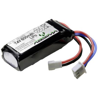 Rechargeable LiPo battery with 7.4V and 600mAh capacity, red and blue cables with white connectors.