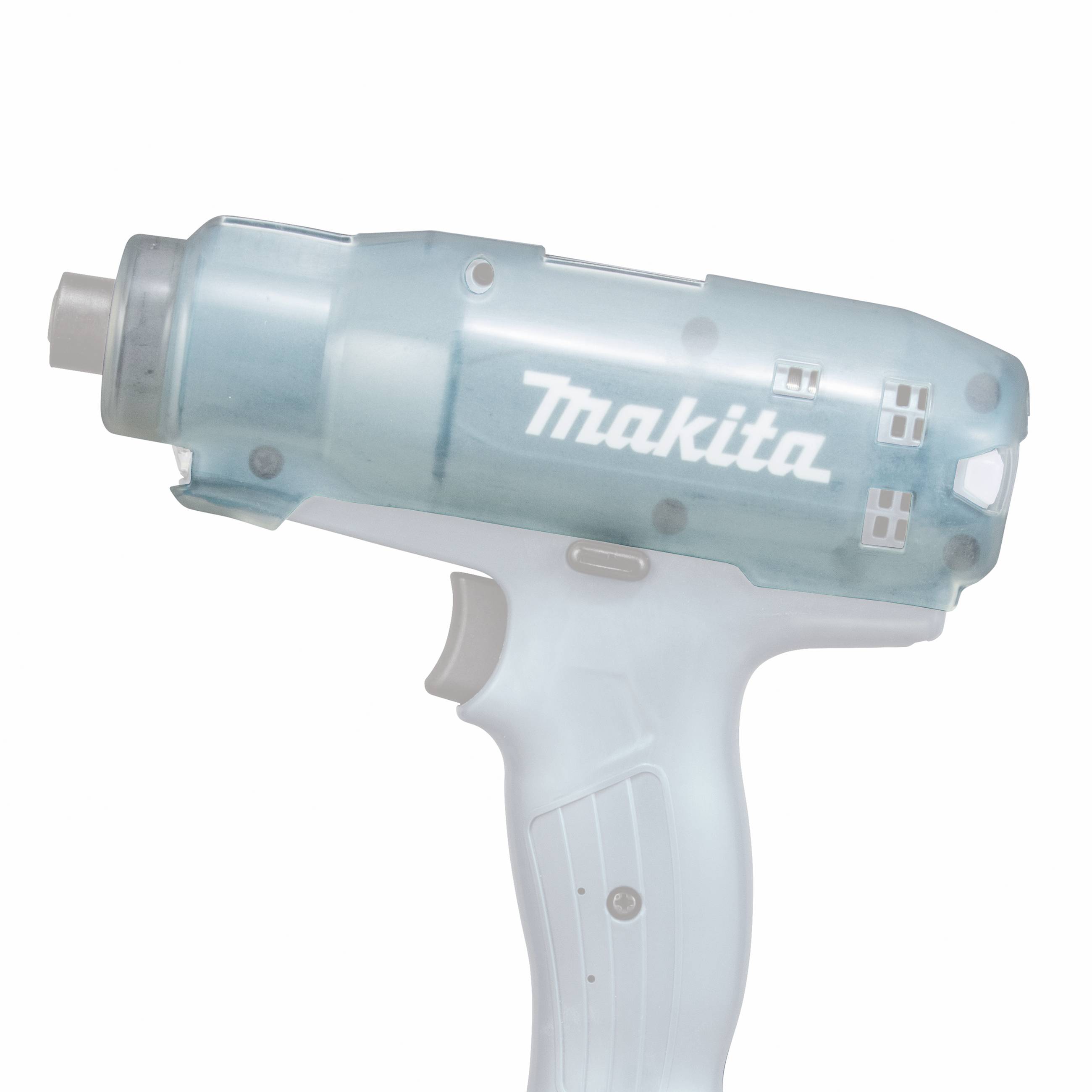 A blue cordless Makita power drill on a white background, shown in a profile view.