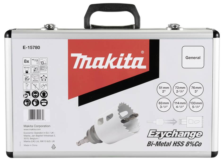 'Ezychange Bi-Metal HSS 8% Co Hole Saw Kit in a silver case with Makita branding, showing various hole saw sizes from 19mm to 133mm.'