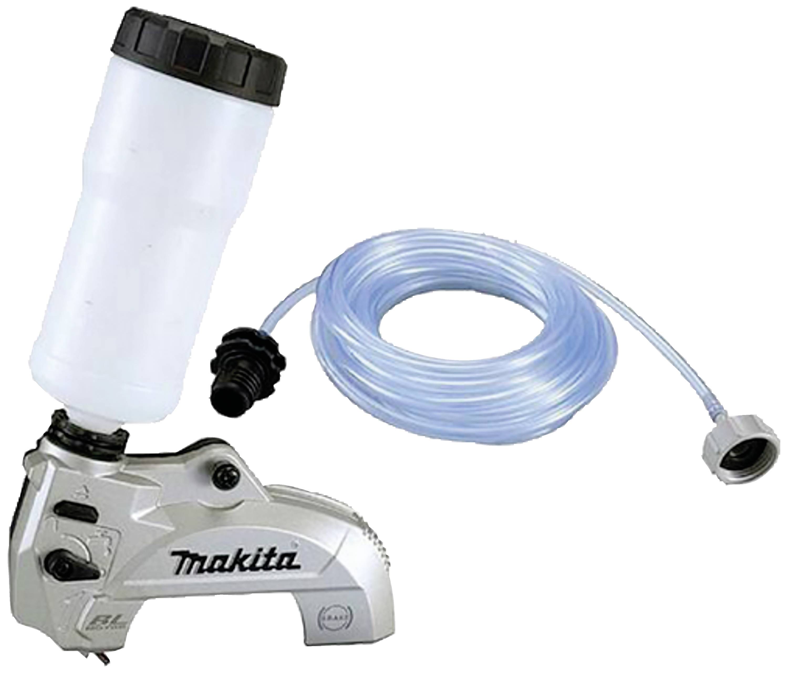 Metal cutter with attached lubricant container and transparent hose.