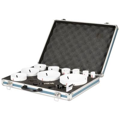 Open tool case with various hole saws and accessories. The hole saws are organised in foam recesses.