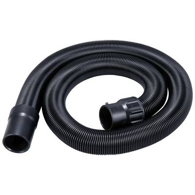 Black, flexible plastic suction hose with a corrugated surface, suitable for vacuum cleaners or similar devices.