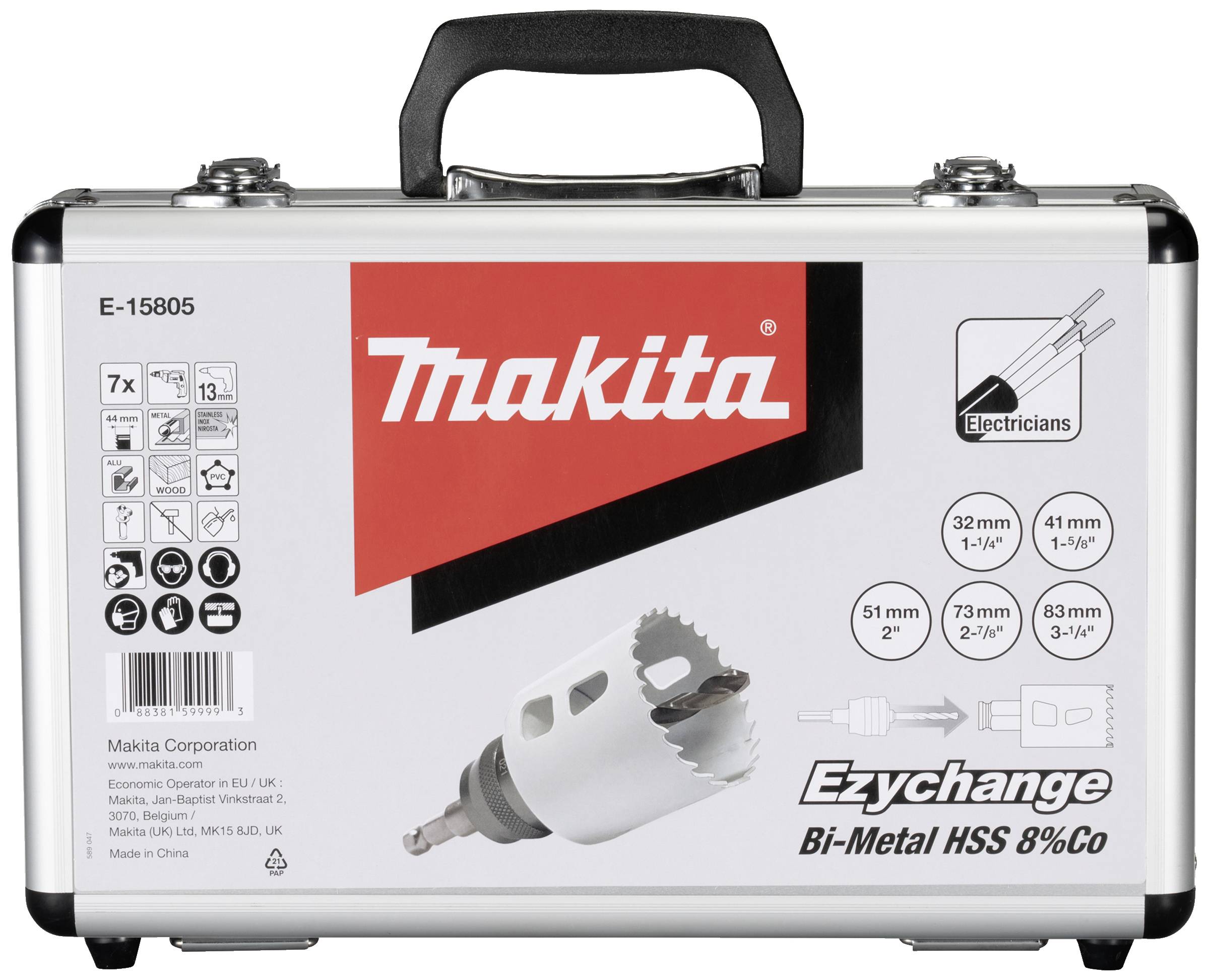 Toolbox with Makita logo, containing bi-metal hole saws and accessories for electricians, size range from 32 mm to 83 mm.