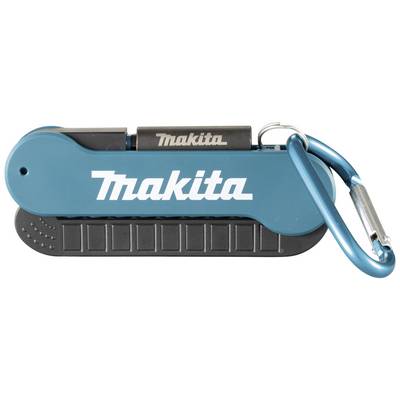 A blue multi-functional tool with the 'Makita' logo and a carabiner hook. Compact and portable, suitable for on-the-go use.