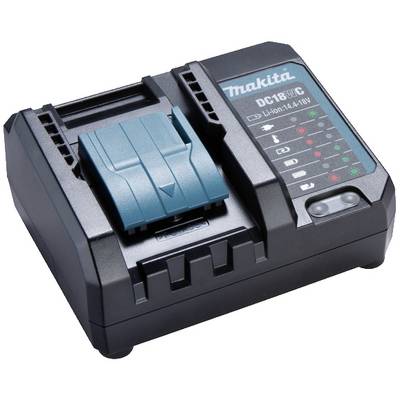A Makita battery charger, model DC18RC, with LED indicators for charging status, suitable for 14.4-18V lithium-ion batteries.