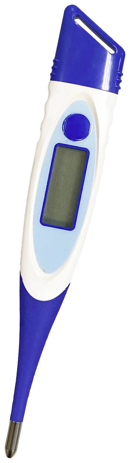 Blue and white digital fever thermometer with display.