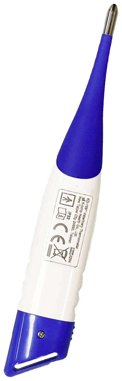 Digital fever thermometer with a blue handle and metallic tip, displaying symbols and instructions on the white surface.