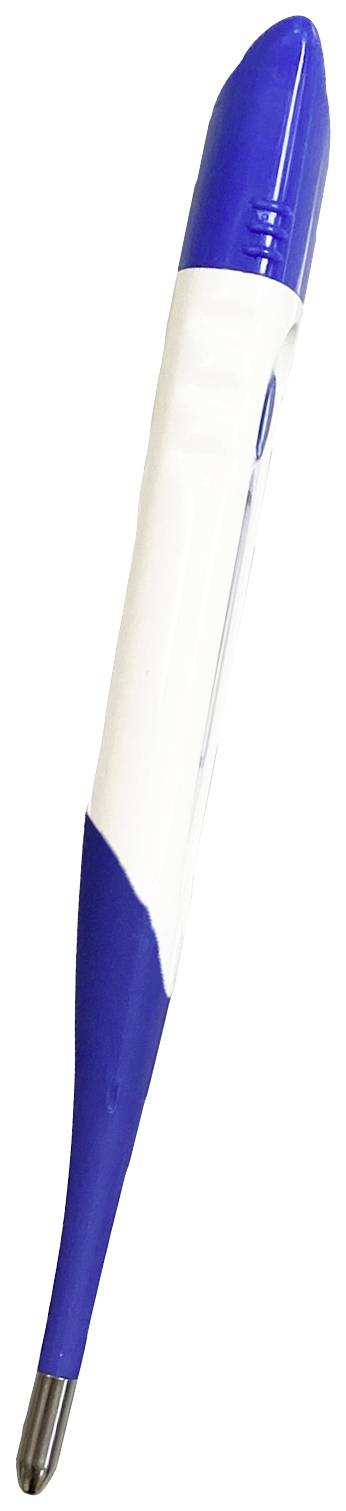 Blue and white pen vertically aligned, with a silver tip, on a white background.