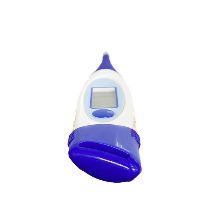 A blue and white digital ear thermometer with a display for showing temperature measurements.