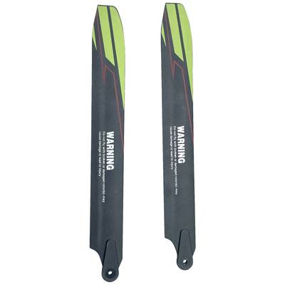 Two black rotor blades with green and red stripes, each with the white warning text 'WARNING: Contact may cause injury.'
