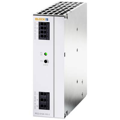 Power supply module with a grey enclosure, black ventilation grille, and green LED indicator on the front. Marked 'BLOCK'.