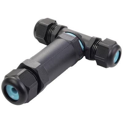 A black and turquoise T-connector for cable connections, comprising three threaded ports with a non-slip design.