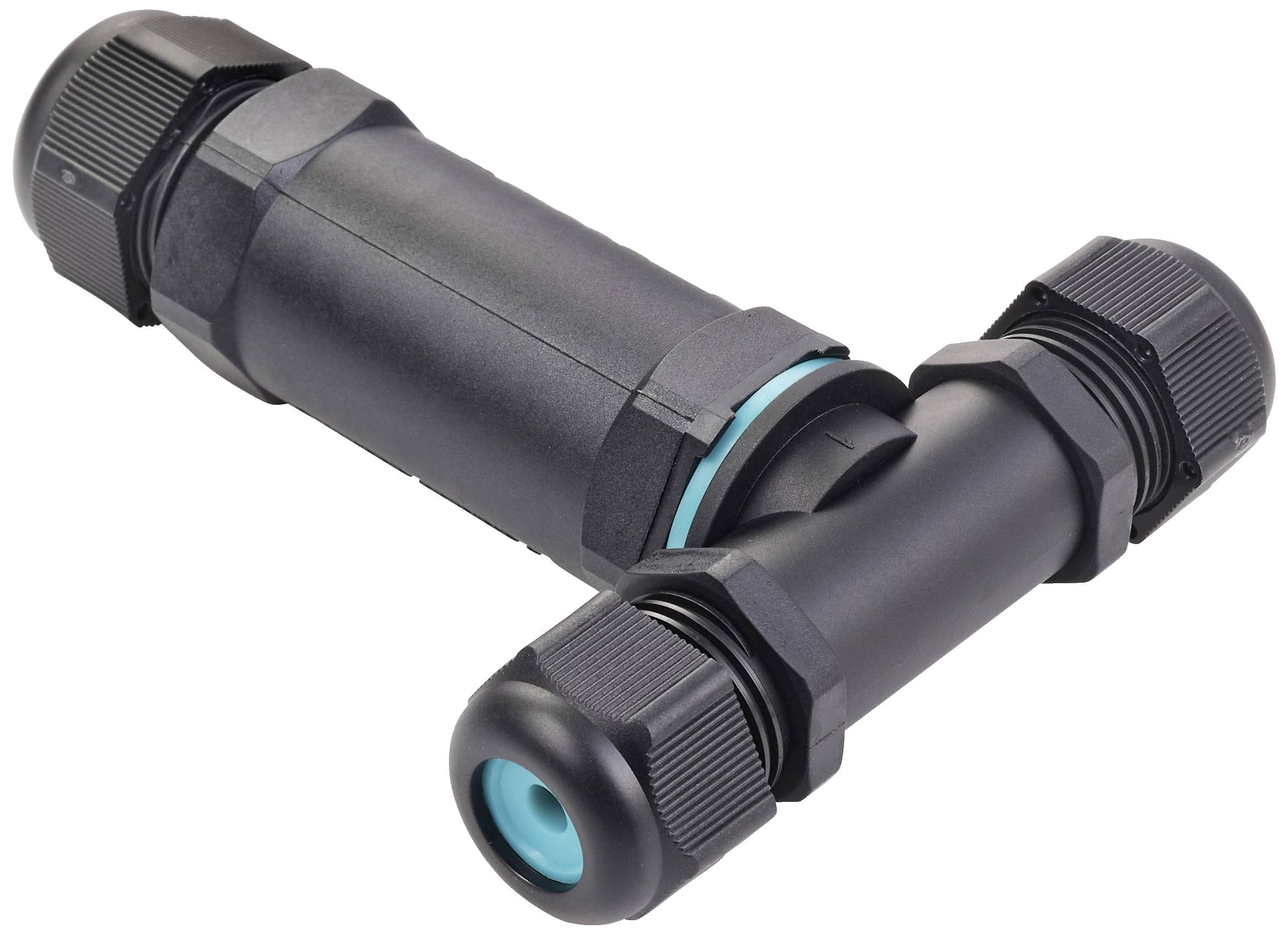 A black T-shaped plastic cable connector with blue sealing rings. Used for securely connecting cables.