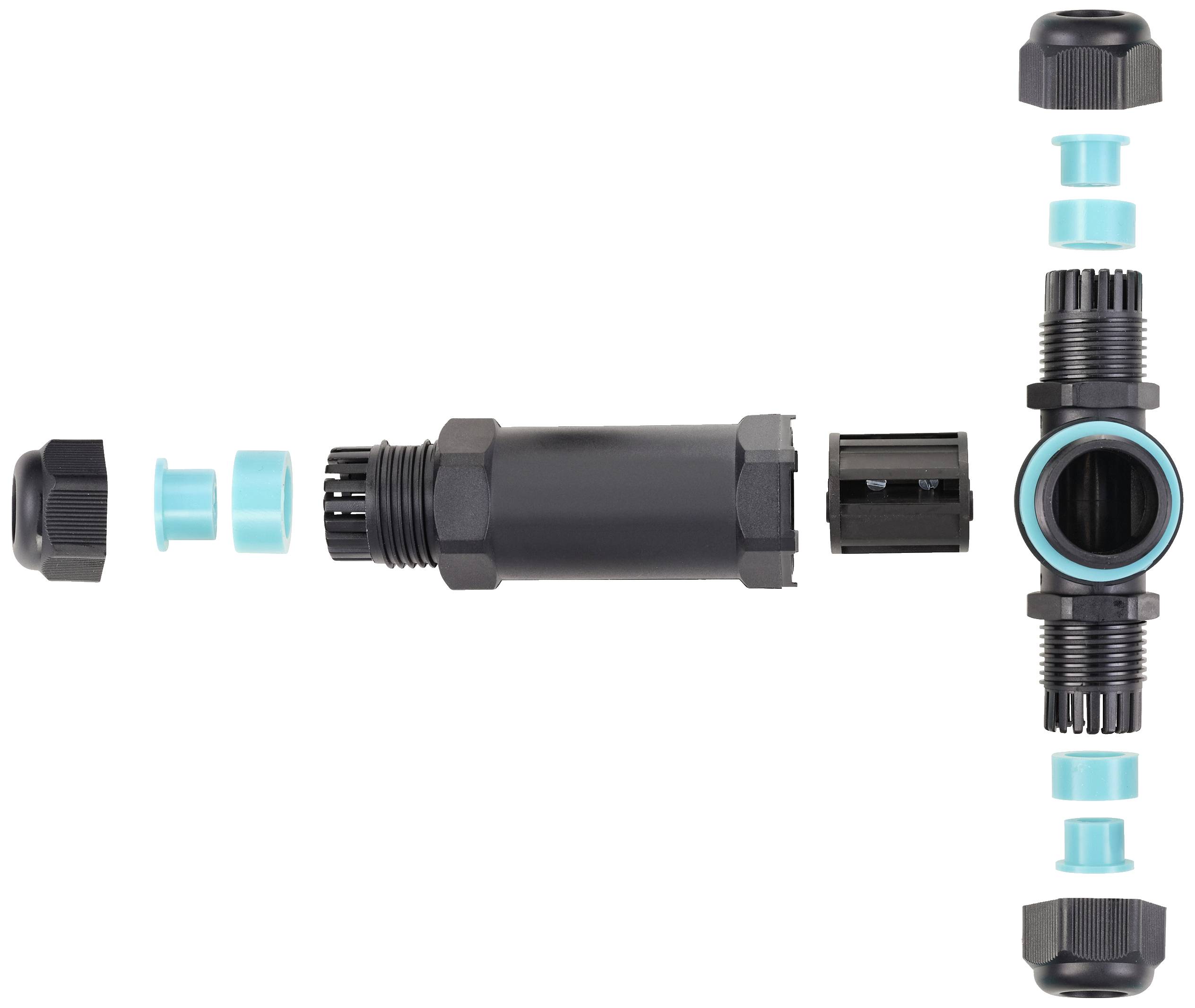 Exploded view of a T-connector with black and blue plastic components, showing all individual parts and connection points.