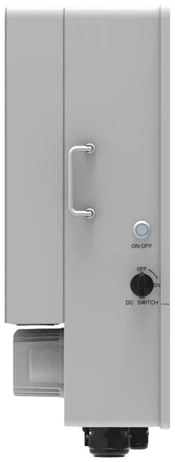 A side view of a grey electrical device with a handle, a blue 'ON-OFF' button, and a switch.