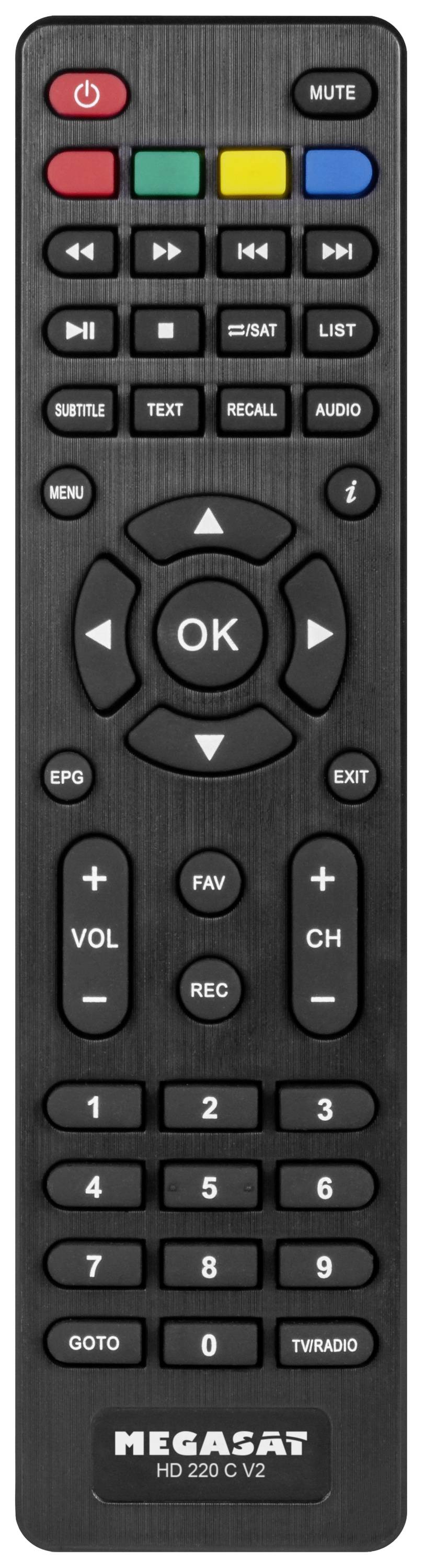 Black remote control with buttons for volume, channel changing, menu navigation, and numerical input. Colourful function buttons at the top.