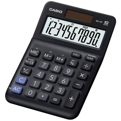 A black calculator with a display showing the numbers '1234567890'. Buttons for basic mathematical functions are visible.