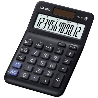 Black calculator with digital display showing '1234567890.12'. Buttons for numbers and functions, brand name at the top.