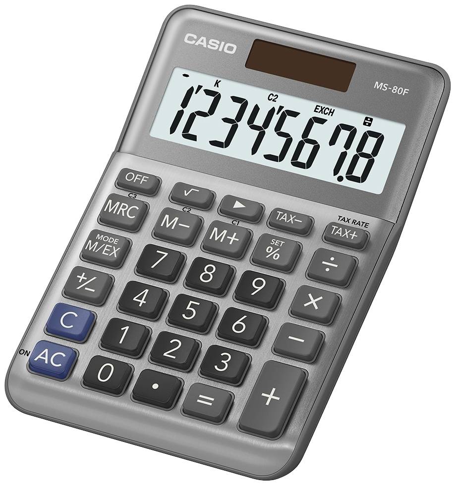 Casio MS-80F Desk calculator Grey Display (digits): 8 battery-powered, solar-powered (L x W x H) 148.5 x 101 x 148.5 mm