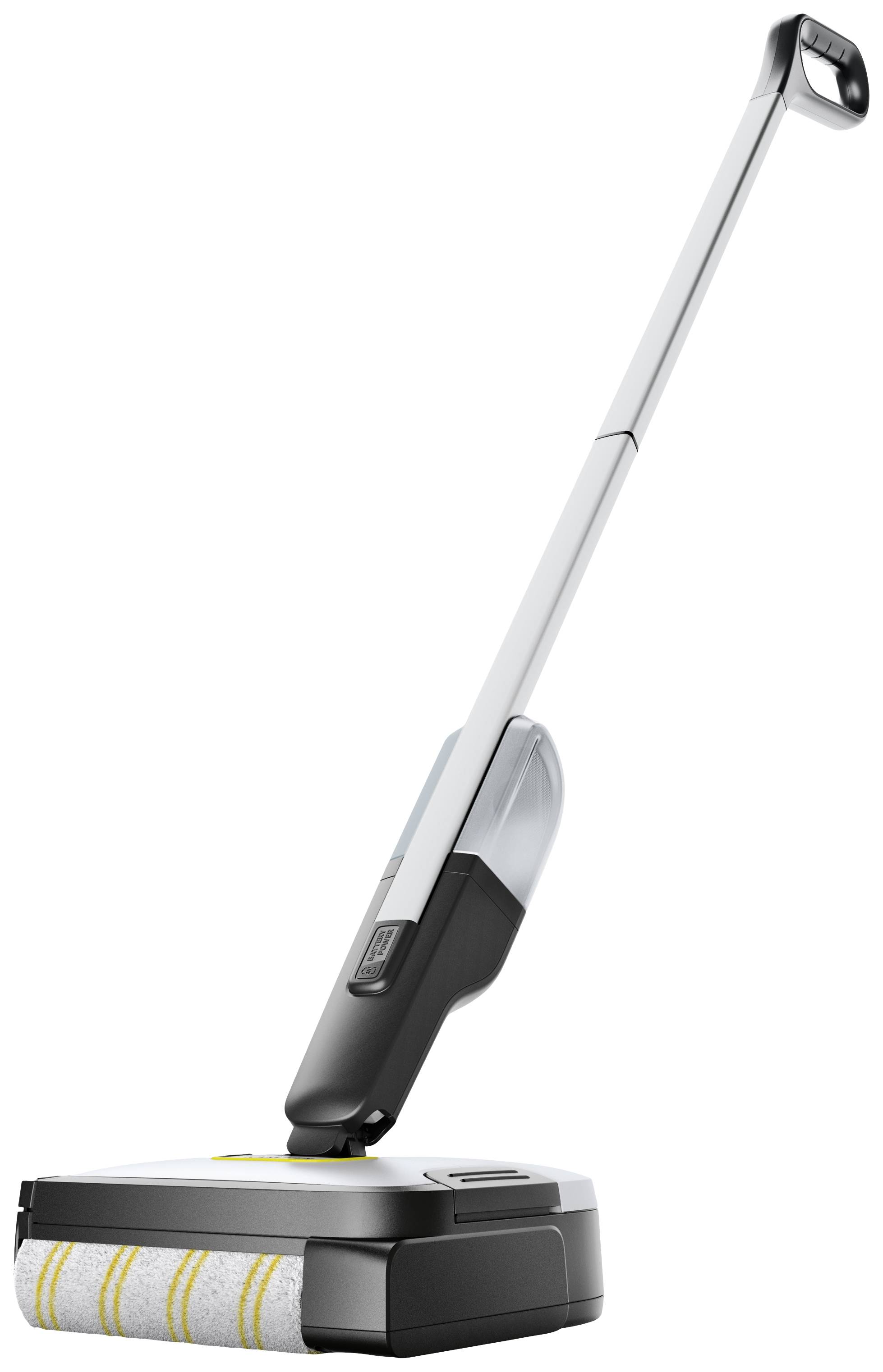 A cordless electric floor cleaner with a long handle and roller brush, perfect for cleaning hard floors and carpets.