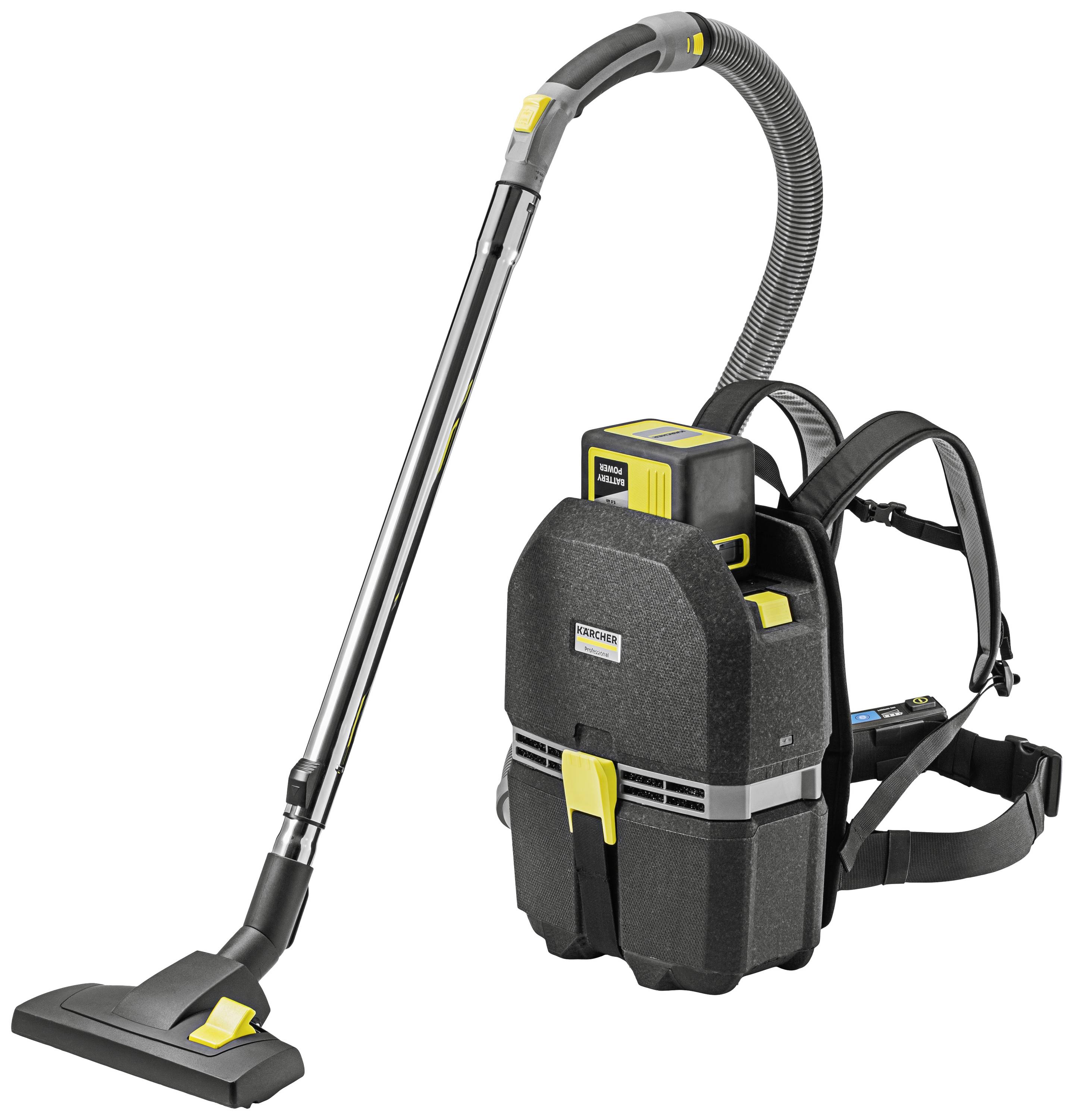 An industrial backpack vacuum cleaner with attachments and adjustable shoulder straps. Designed for professional cleaning work.