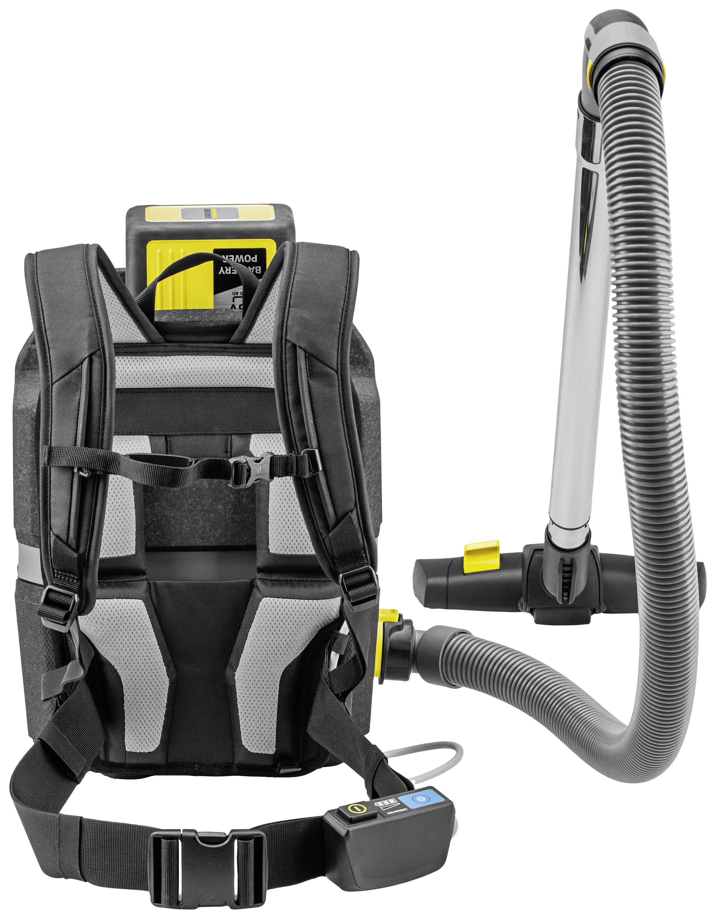 Portable backpack vacuum cleaner with flexible suction hose, ergonomic straps and control elements. Ideal for mobile cleaning.