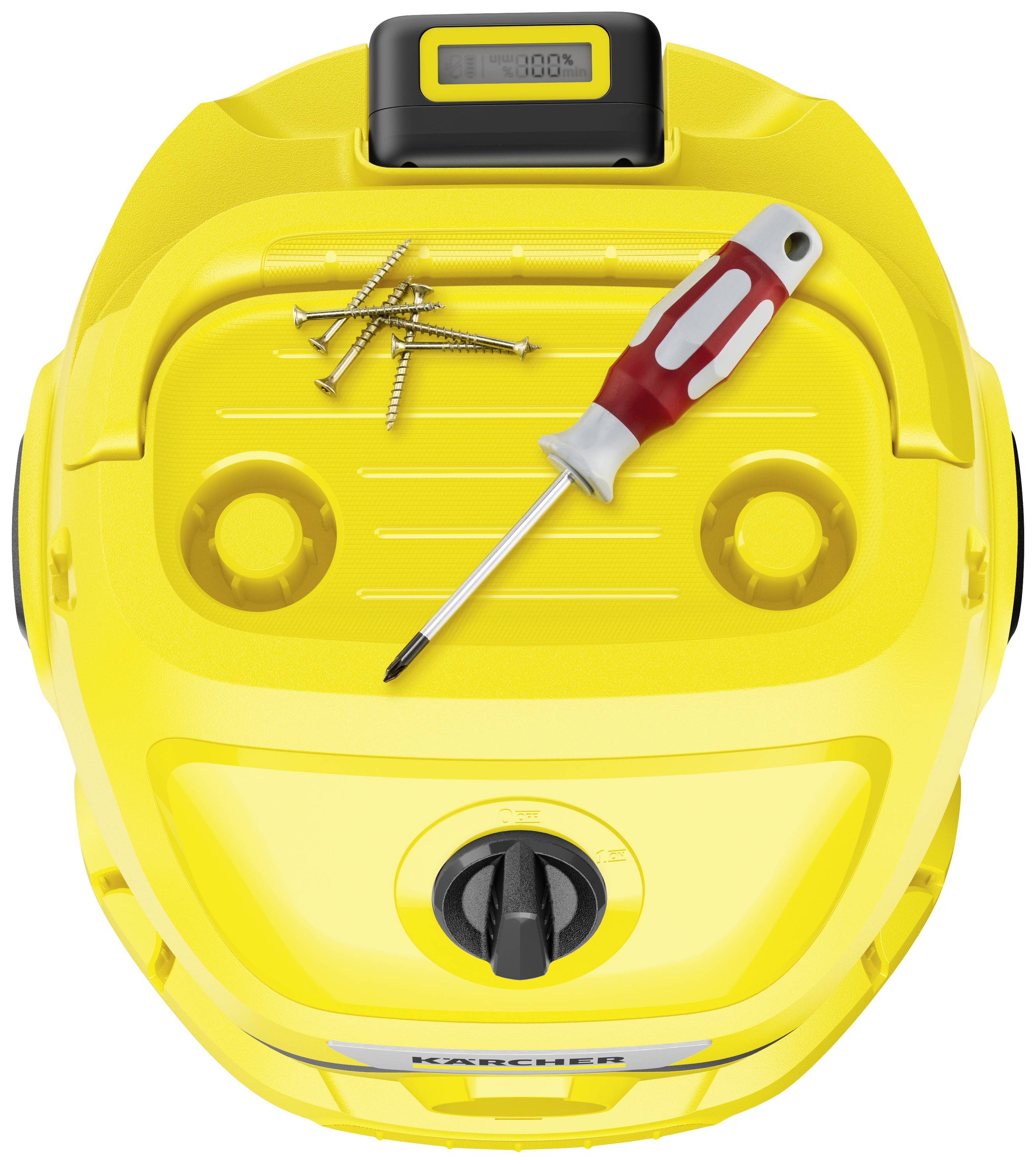 Yellow toolbox with a screwdriver, several screws and a display on top showing 180 degrees.