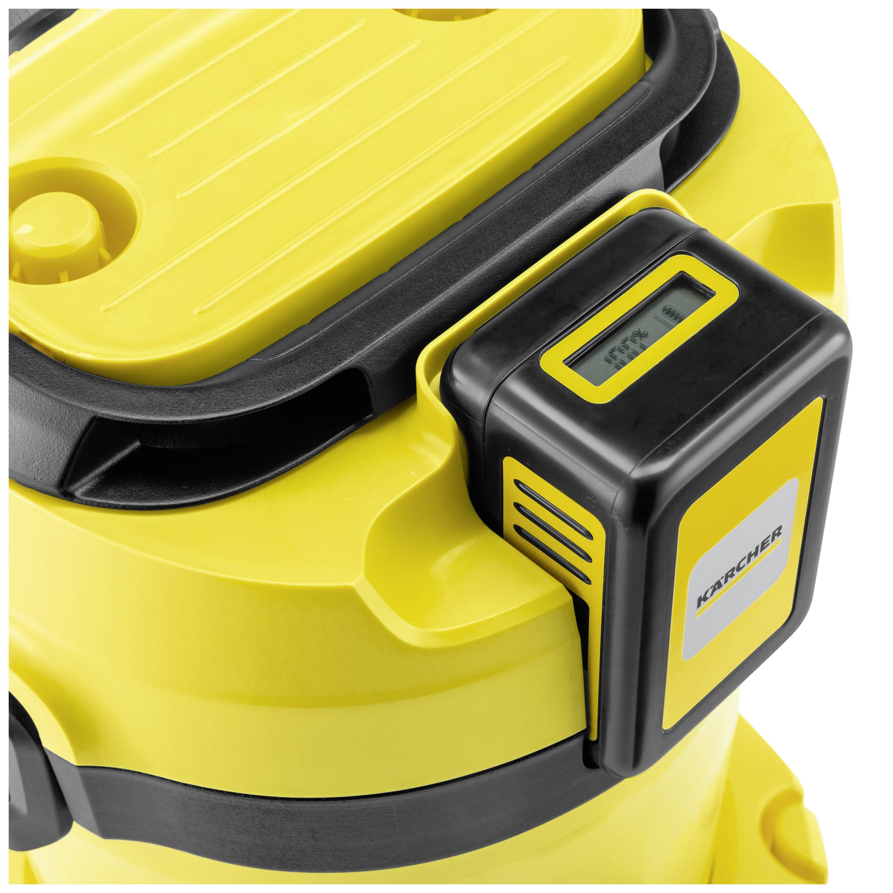 Yellow vacuum cleaner with digital display. Displays the brand and model information in a compact and modern design.